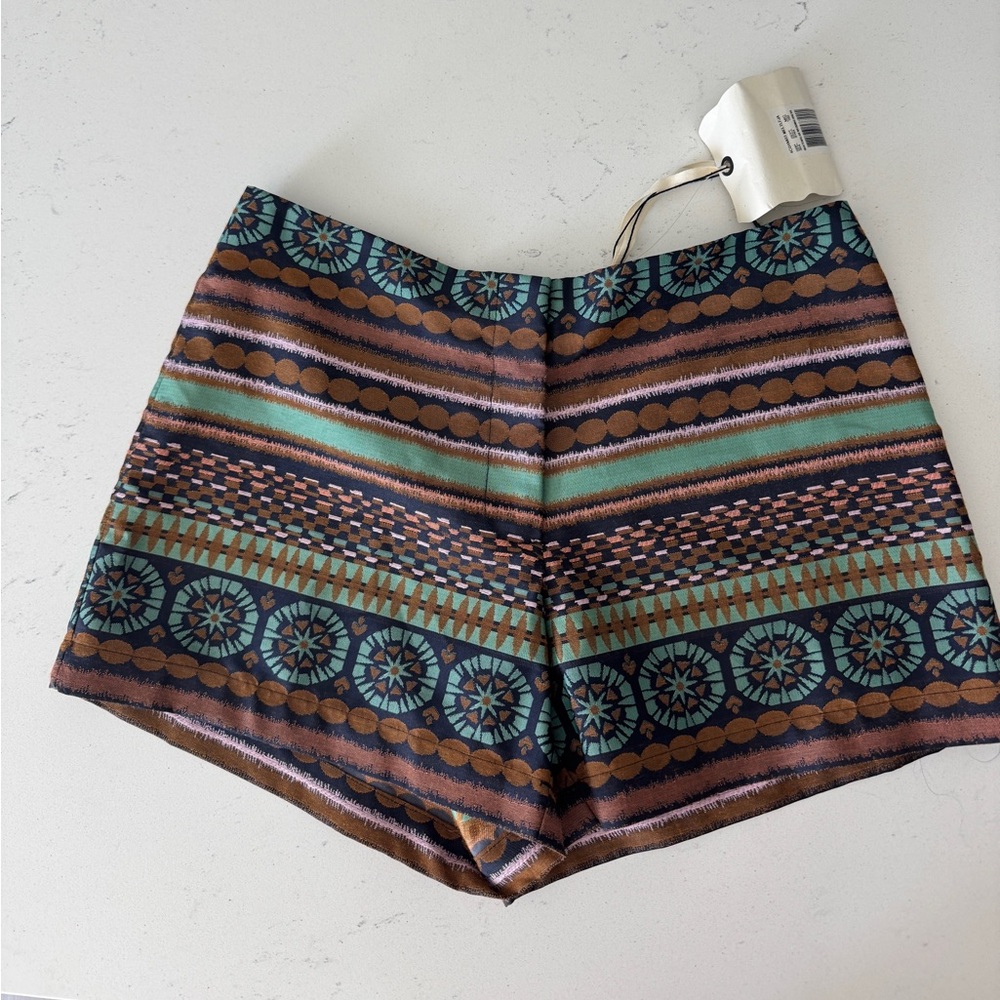 Chelsea & Violet Patterned High-Waist Shorts - Teal & Brown